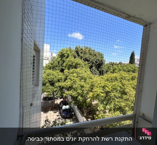 רשת על מרפסת עם נוף לעצים ושמיים כחולים